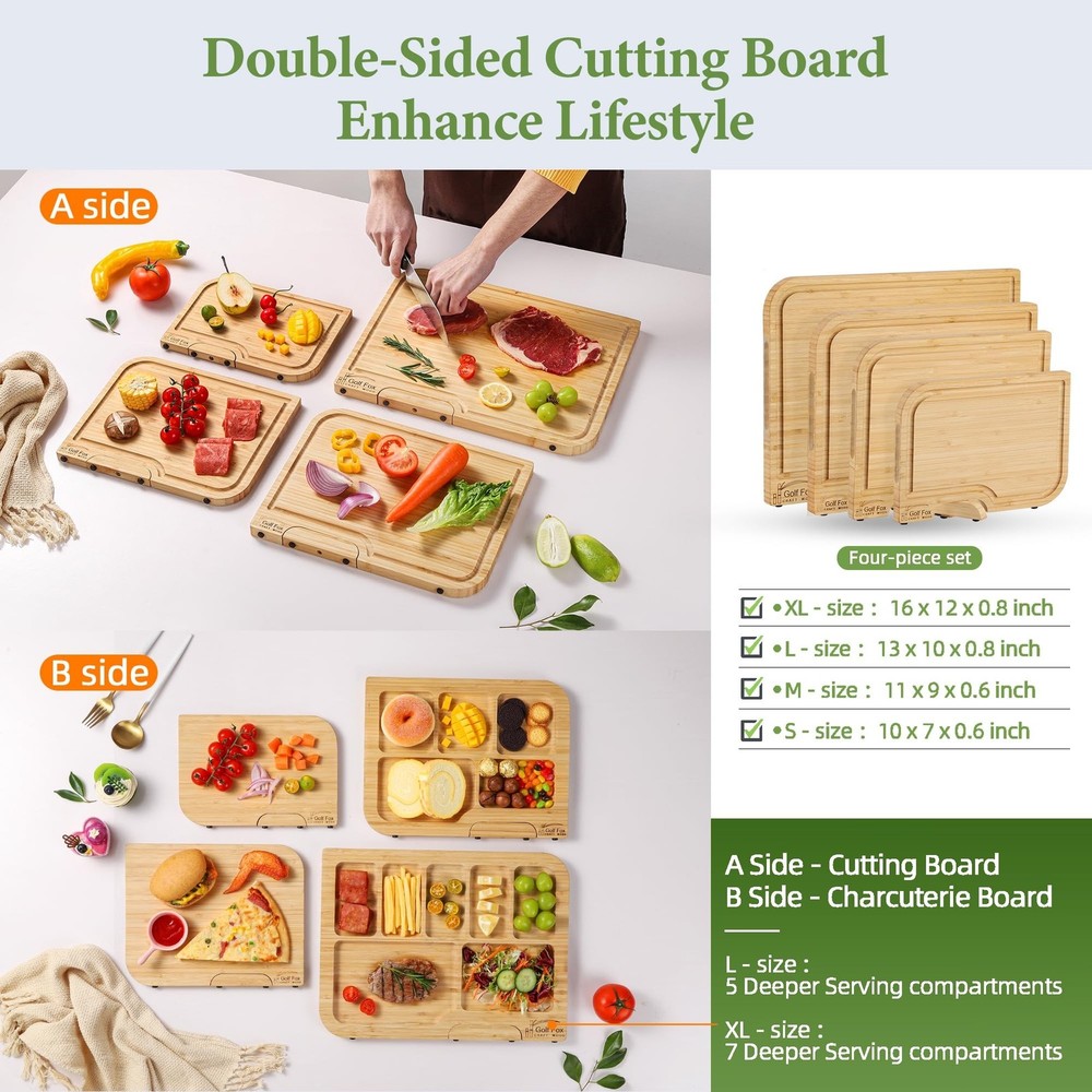 4-PCS Bamboo Cutting Board Set with Innovative Stand - Durable Double Sided W...