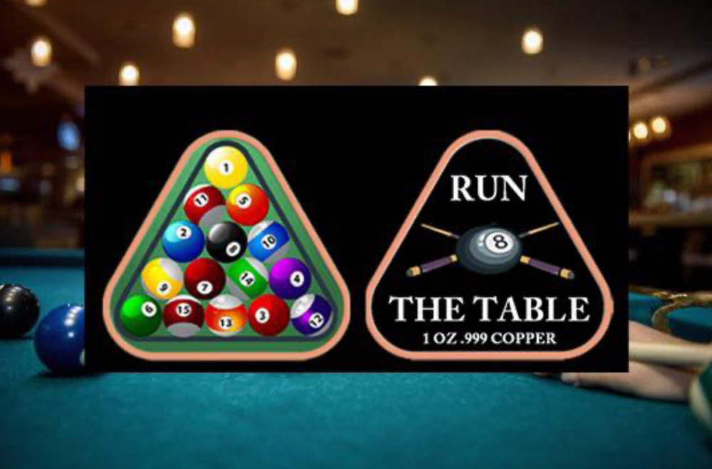 Colorized "RUN THE TABLE" Pool Rack .999 Copper Triangle ADVP 1 Oz