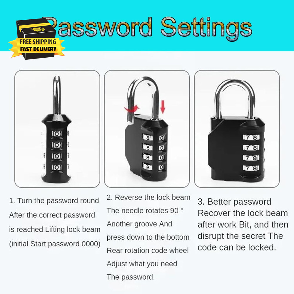 Combination Lock 4 Digit, Resettable Locker Lock,Waterproof Metal Combination Pa