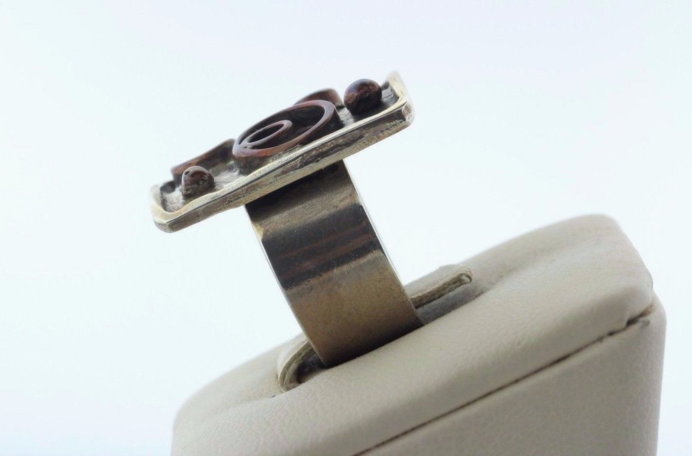 Handcrafted Sterling Silver 925 Square with Copper Circles Ring - Adjustable