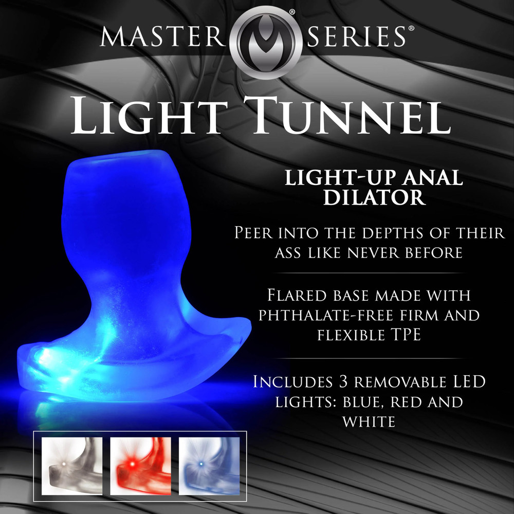 Light-Up LED Anal Dilator Clear Butt Plug Flared Base Open Deep Access Tunnel
