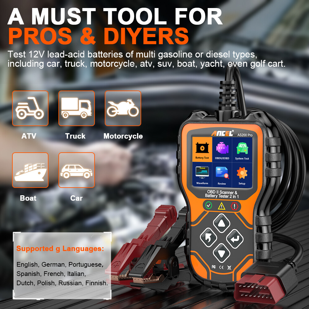 ANCEL AS200 Pro Car OBD2 Diagnostic Scanner Code Reader 12/24V Battery Tester