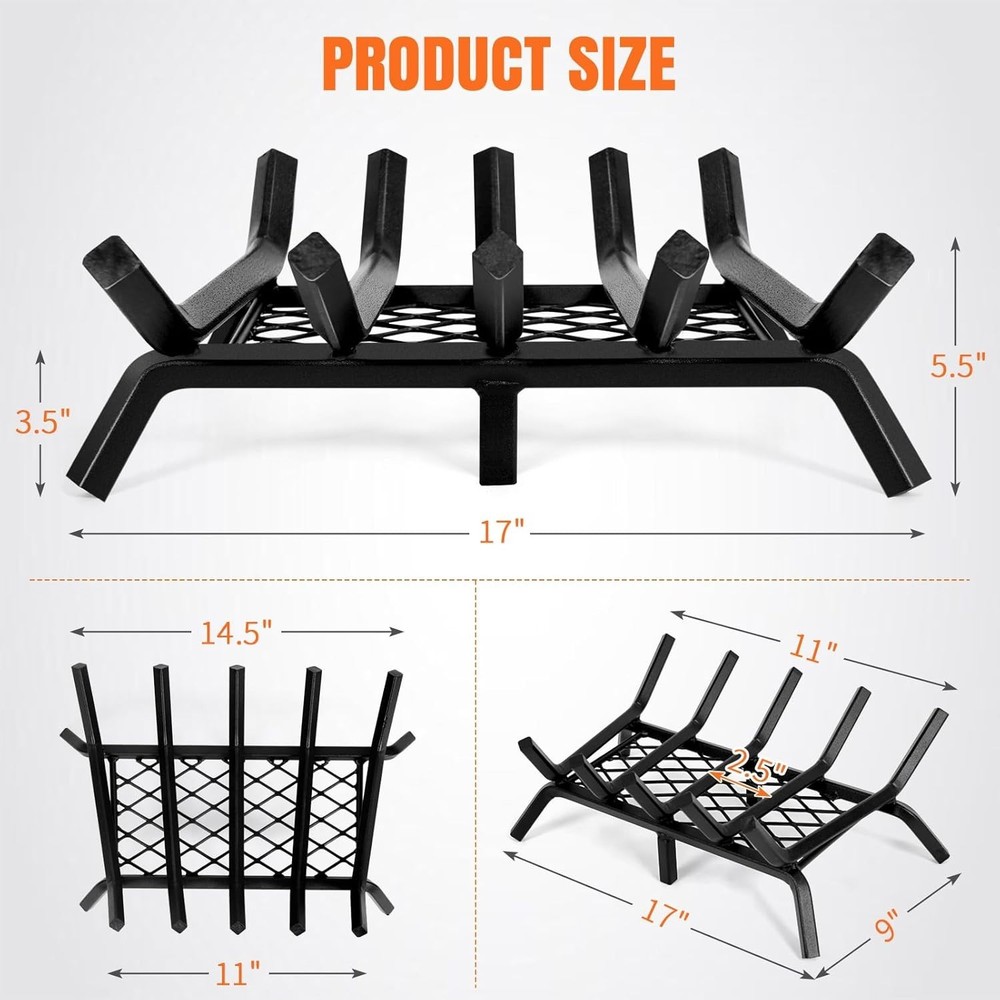 17 Inch Fireplace Grate, Solid Steel, Hearth Wood Holder