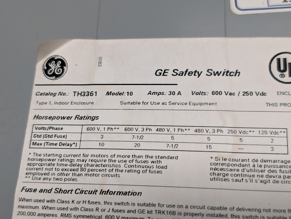 GENERAL ELECTRIC TH3361 Model 10 Safety Switch (USED).