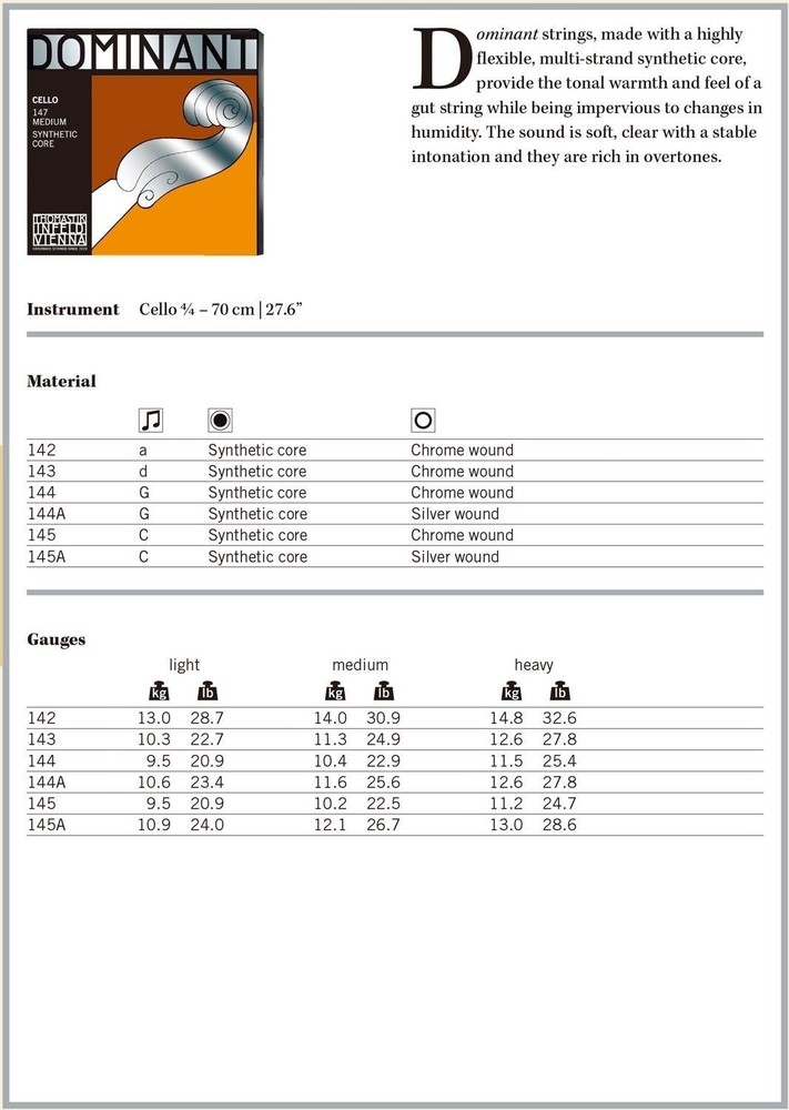 Dr Thomastik-Infeld147 Dominant Cello Strings, Complete Set, Medium Tension,...