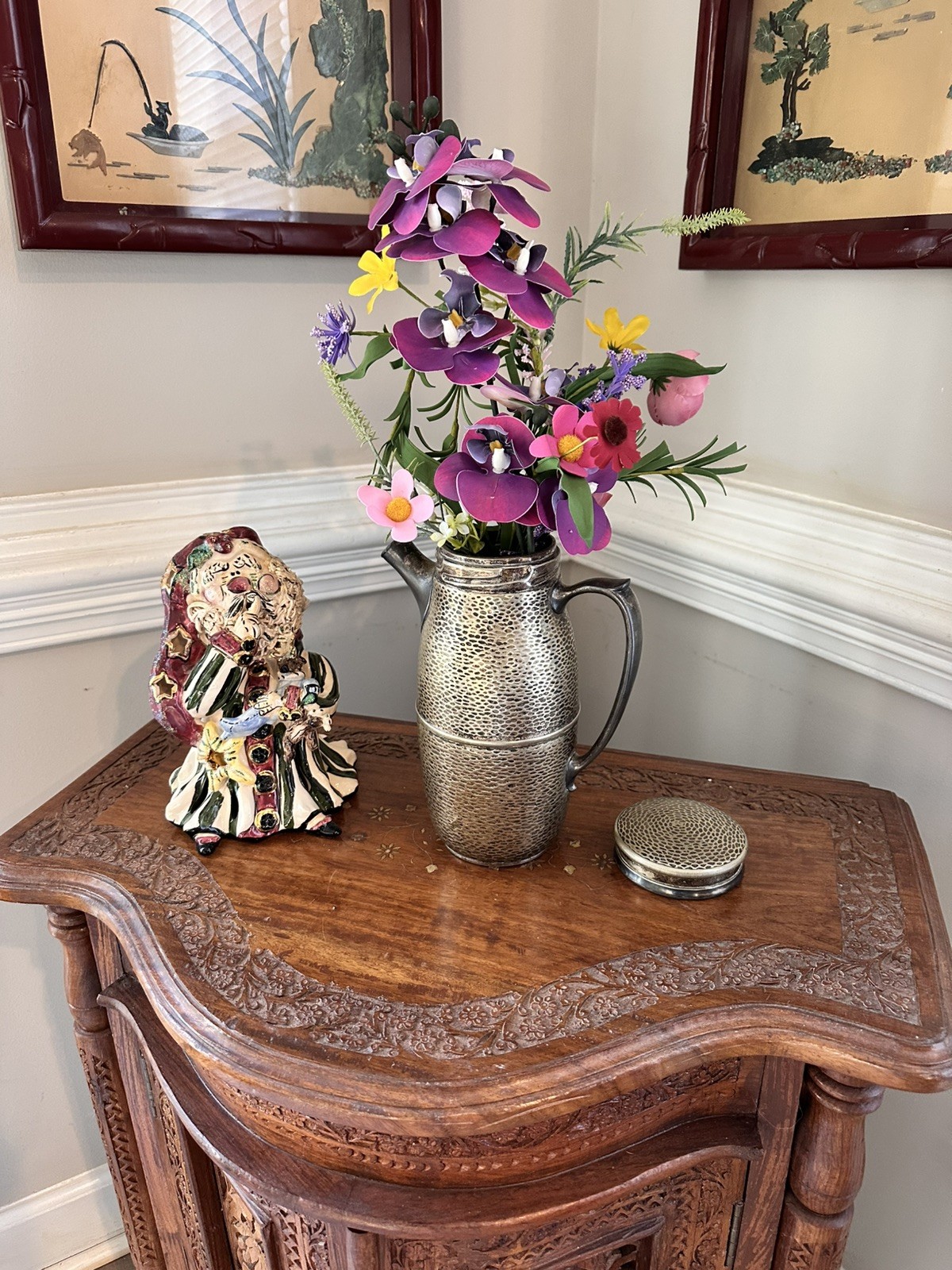 Art Deco Nickel Silver And Silver Plate Cocktail Shaker With Cork -Hand Hammered