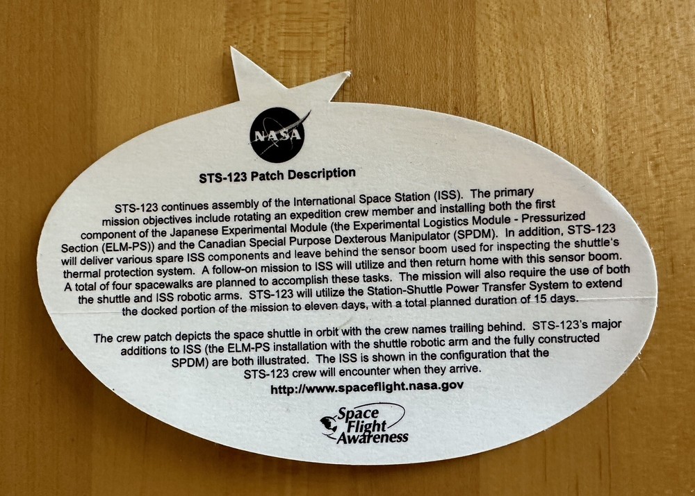 Authentic NASA Space Shuttle STS-123 Mission Patch Sticker NOT A REPRODUCTION