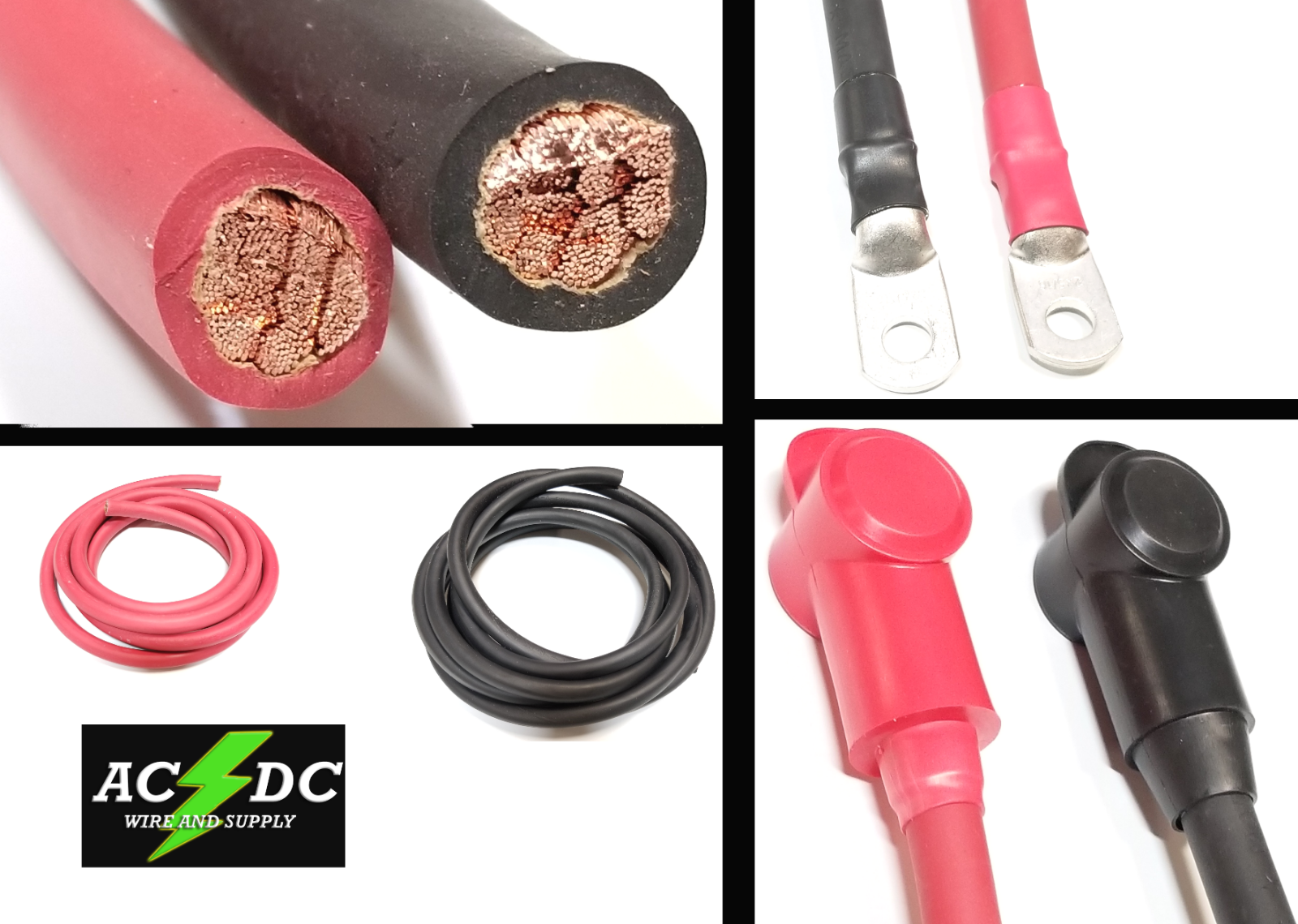 2 AWG Gauge Copper Battery Cable Power Wire Cars, Trucks, RV, Solar, w/ BOOTS