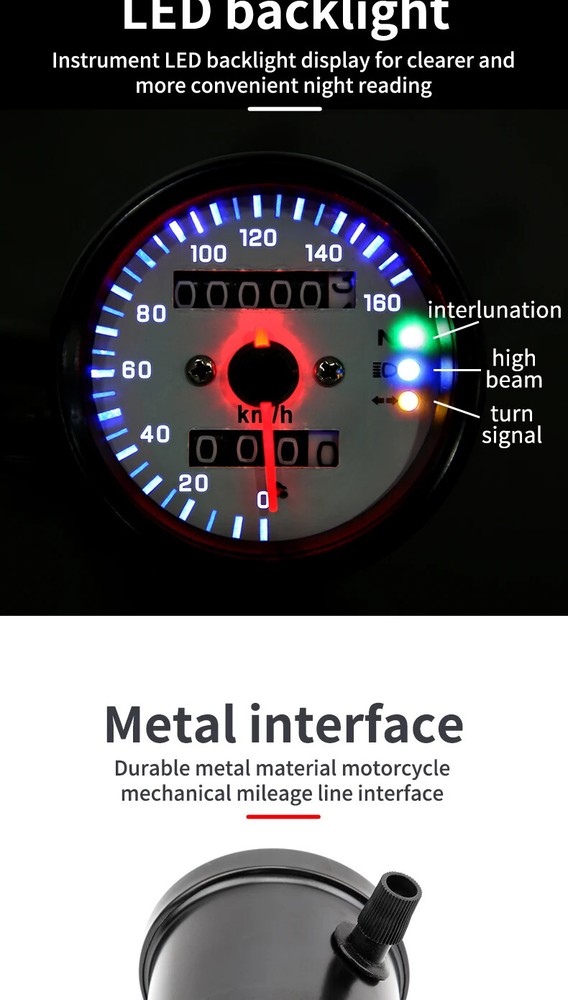 Universal Part Three Light Double Mileage 12V Motorcycle LED Display Speedometer