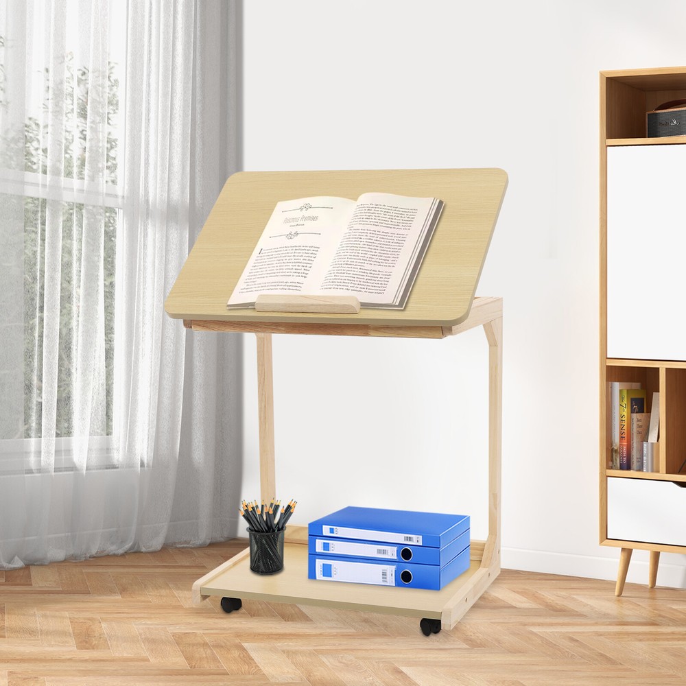 2 Tier C Shaped Table With 4 Wheels Couch Table End Table For Drink & Snack US