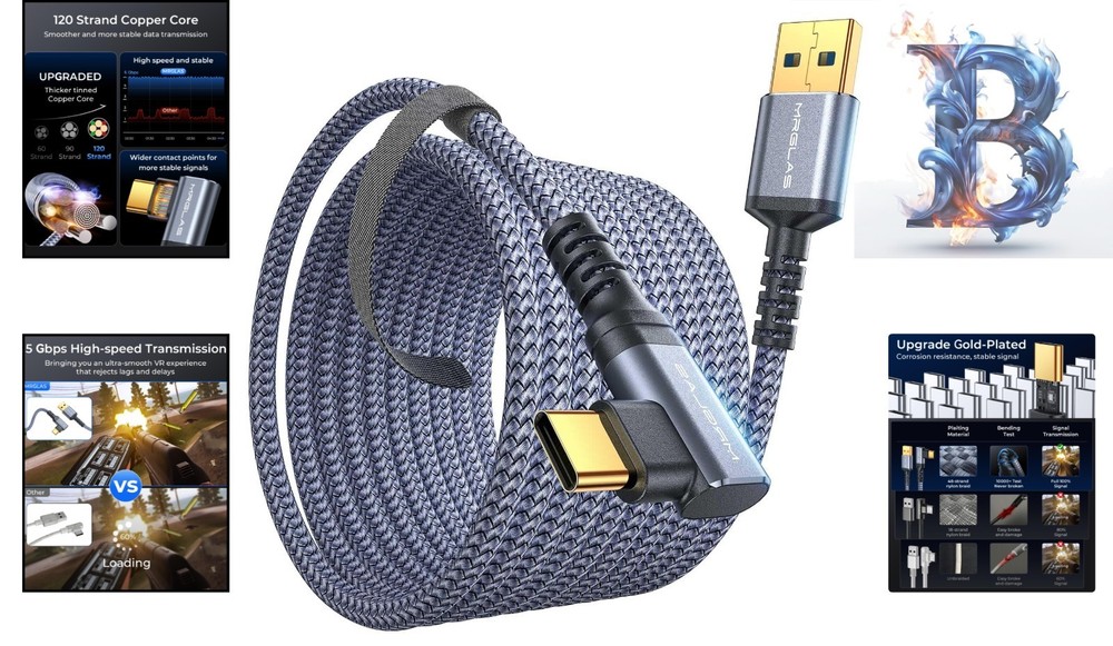 16 FT High-Speed VR Link Cable with Right Angle Design - Compatible with Oculus