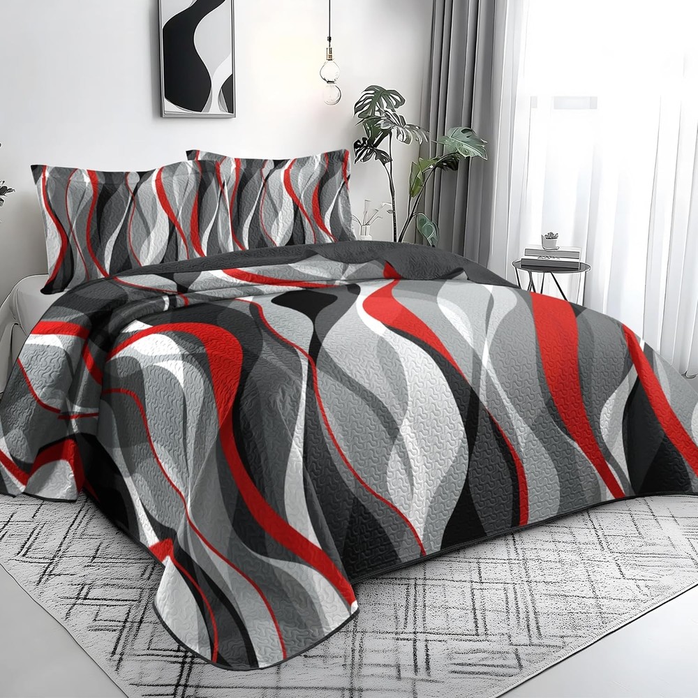 Classic Line Pattern Bedding Quilt King Size Modern Grey Red & Black Stripe
