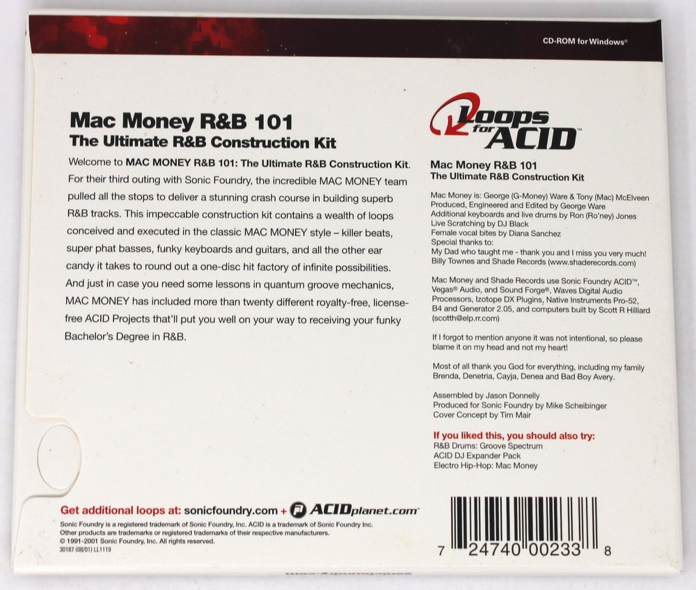 Sonic Foundry Mac Money R&B 101 Loops For Acid Sample/Sound Library/Sampling CD