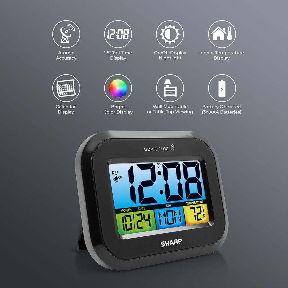 Digital Atomic Alarm Clock with LCD Display – Always-On Backlight Option, Adjust