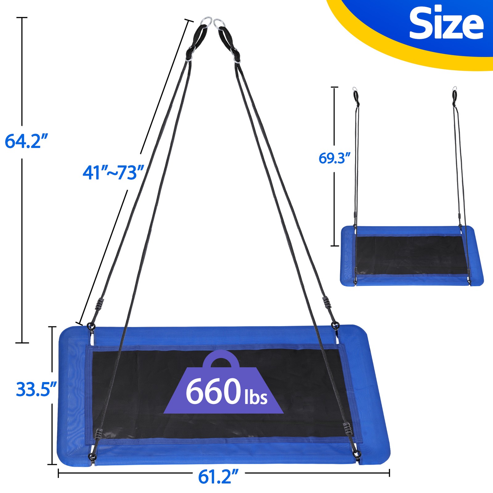 60" Rectangle Platform Tree Swing for Kids and Adults with 2 Hanging Straps Blue