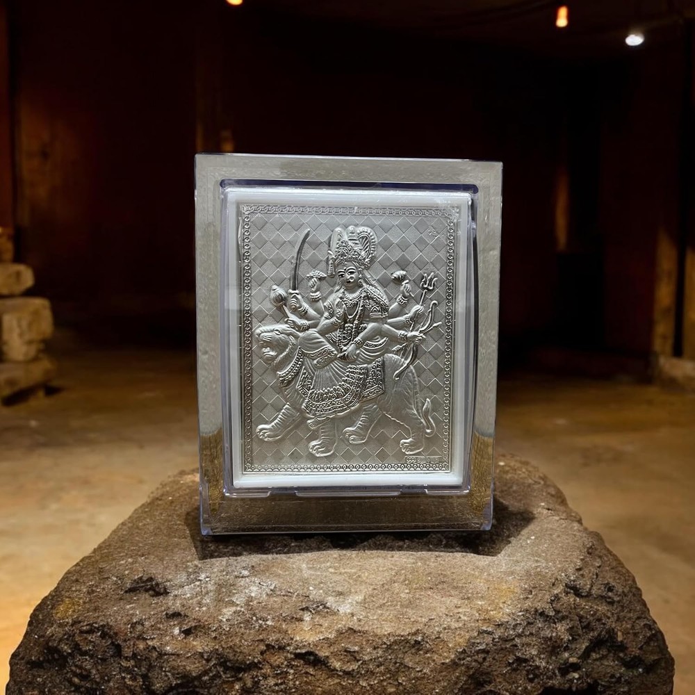 Pure Silver Devi Durga(Ambe Maa) Frame Tabletop Stand Suitable for Gift 11x9 Cm