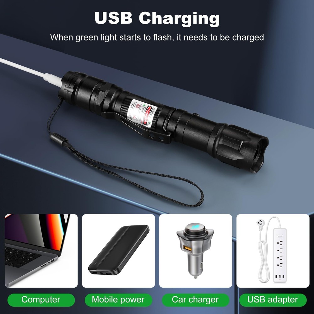 Green Laser Pointer High Power Pen - Long Range Rechargeable Laser Beam, USB-...