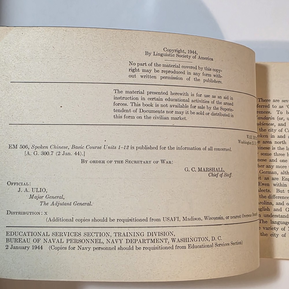 Spoken Chinese Basic Course Book, War Dept Manual 1944