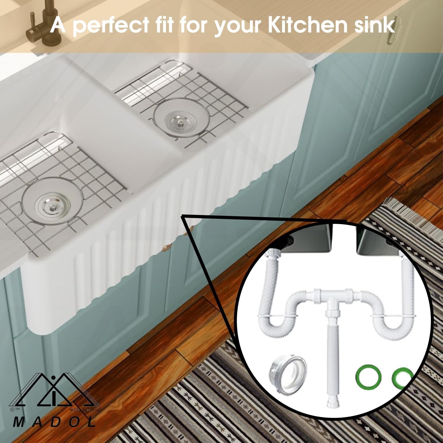 Kitchen Sink Drain Kit, 1-1/2” All-in-One Corrugated Flexible Pipe Set