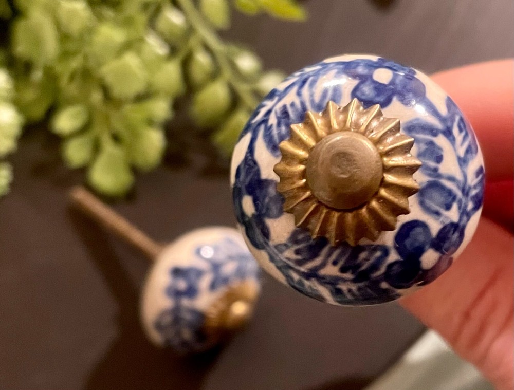 1 Antique Blue white Porcelain Ceramic Drawer Cabinet Knobs Pulls 1.25 brass end