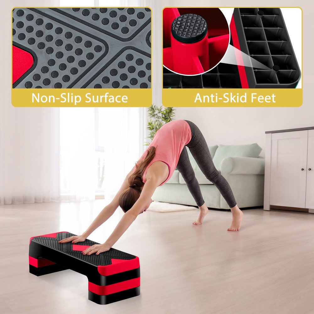 Adjustable Workout Aerobic Stepper Aerobic Exercise Step Platform for Gym Red