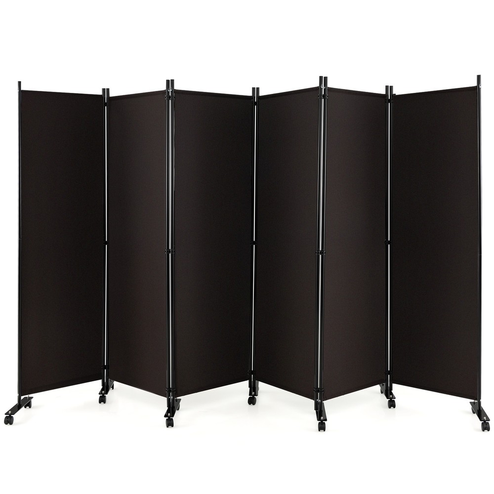 6-Panel Folding Room Divider 6FT Rolling Privacy Screen w/ Lockable Wheels Brown