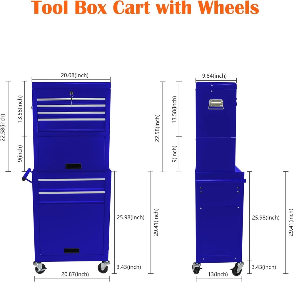 6 Drawers Rolling Tool Box Organizer,2 Tier High Capacity Tool Chest Detachable