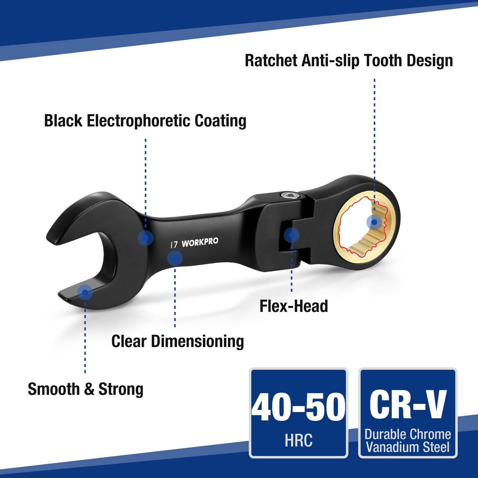 WORKPRO 8-Piece Stubby Anti-slip Ratcheting Combination Wrench Set 8-17mm Metric