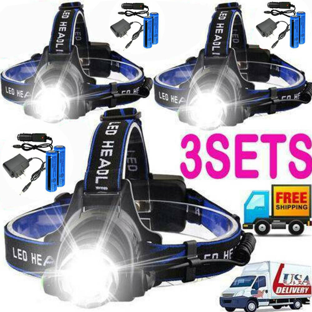 3PCS Ultra Strong LED Headlamp Adjustable Focus Tactical Head Torch+Batt+Char