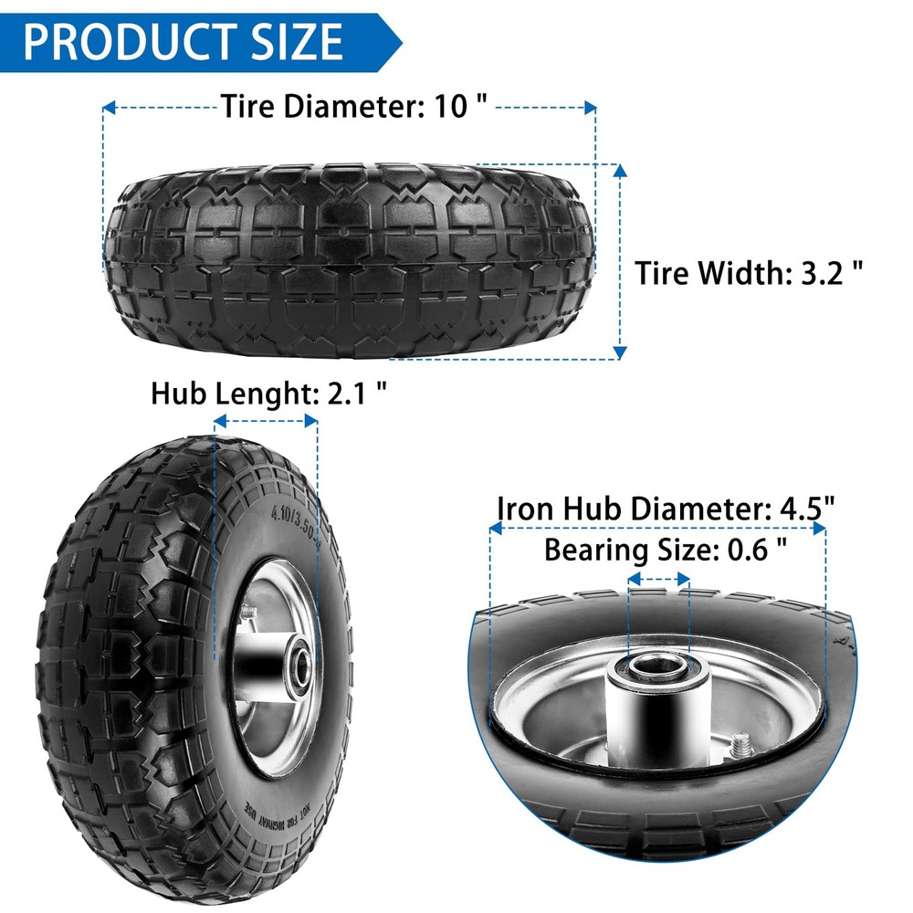 Phepetroll 4.10/3.50-4 Flat Free 10" Solid Tires & Wheels Replacement