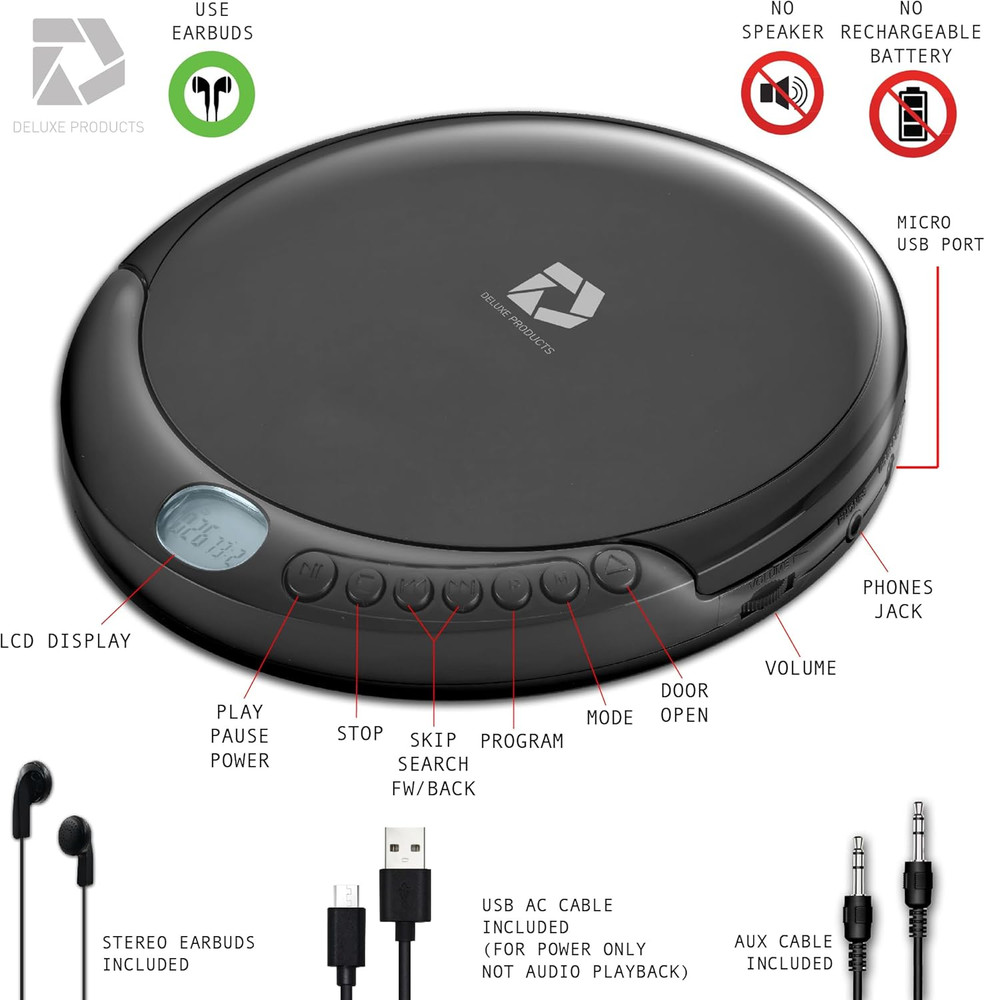 CD Player Portable with 60 Second anti Skip, Stereo Earbuds, Includes Aux in Cab
