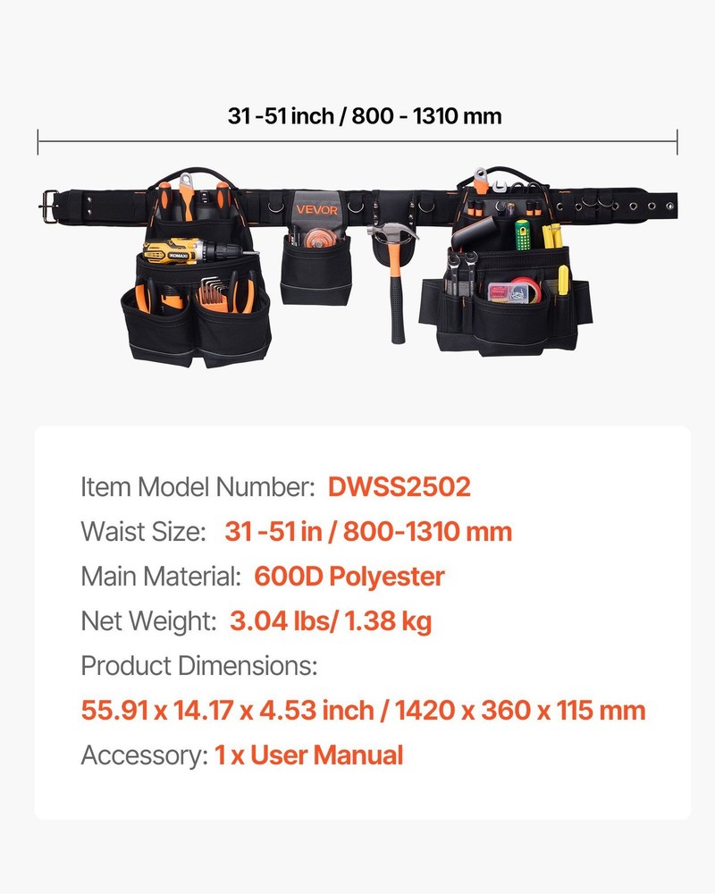Comfortable 31-51in Utility Work Belt with 18 Organized Pockets