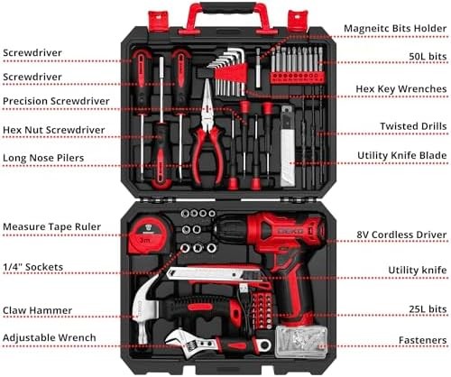 126 Piece Home Tool Kit with Red 8V Cordless Drill