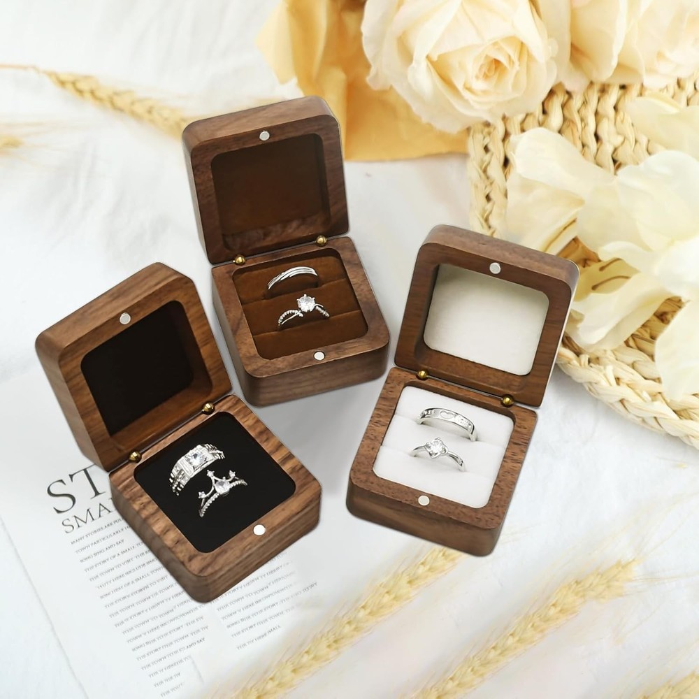 Wooden Ring Box Wedding Ceremony 2 Slots,Small Square Solid Wood Double Ring