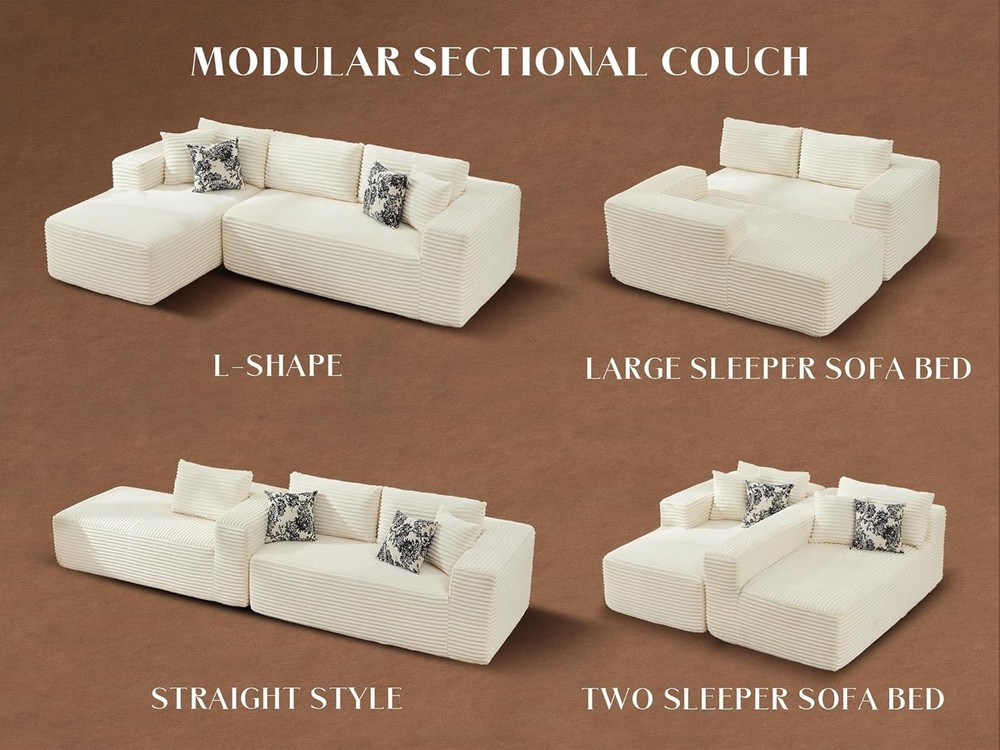 L Shaped Corduroy Cloud Couch Compression Boneless Sofas with 4 Lumbar Pillows