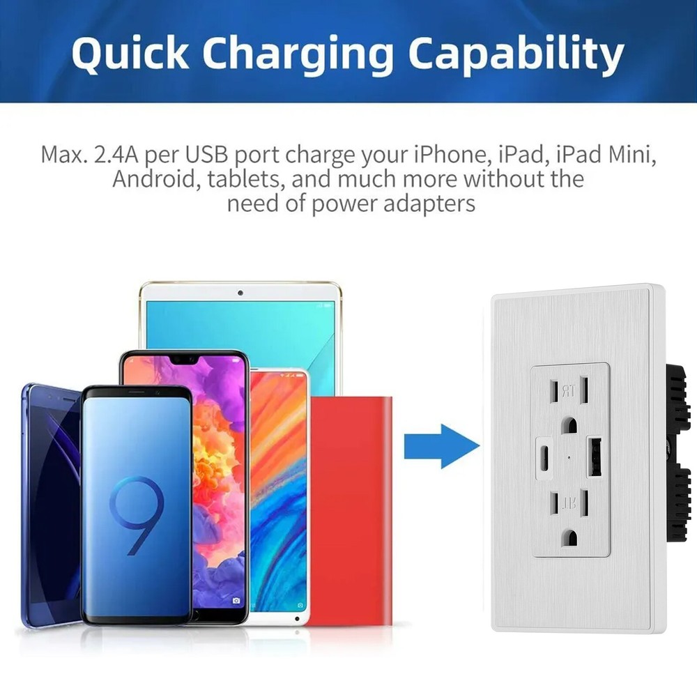 1-10PCS USB Type C Wall Outlet Duplex Receptacle 15A, Smart 2.1A Quick Charging
