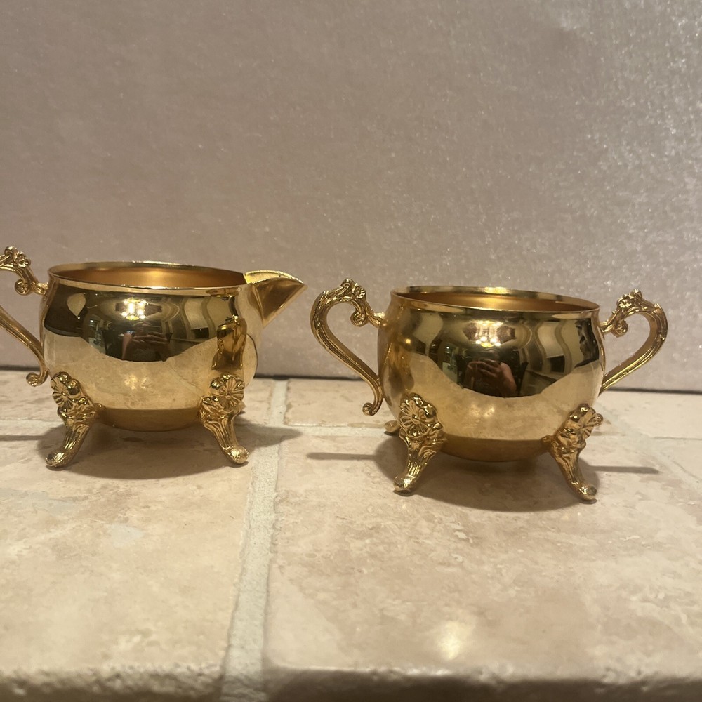 Vintage Brass Footed Cream and Sugar Set