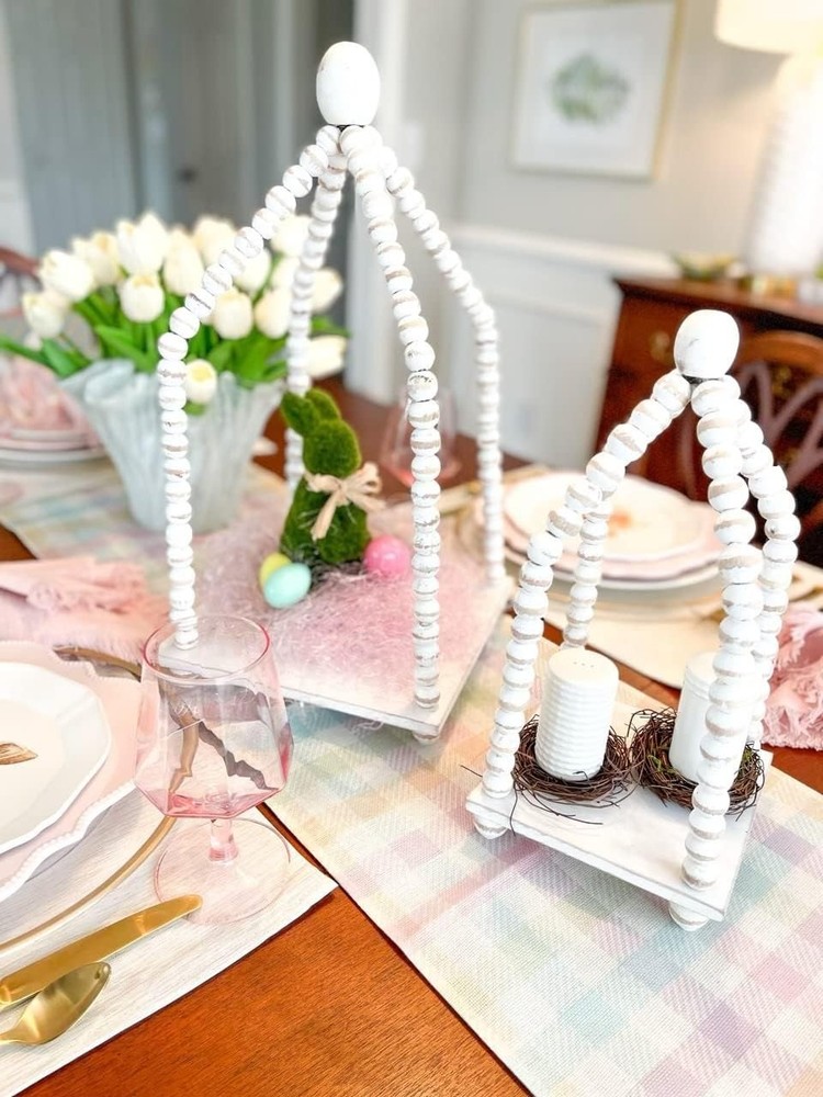 Mud Pie Beaded Lantern Set White Brown Mango Wood 16" & 19"