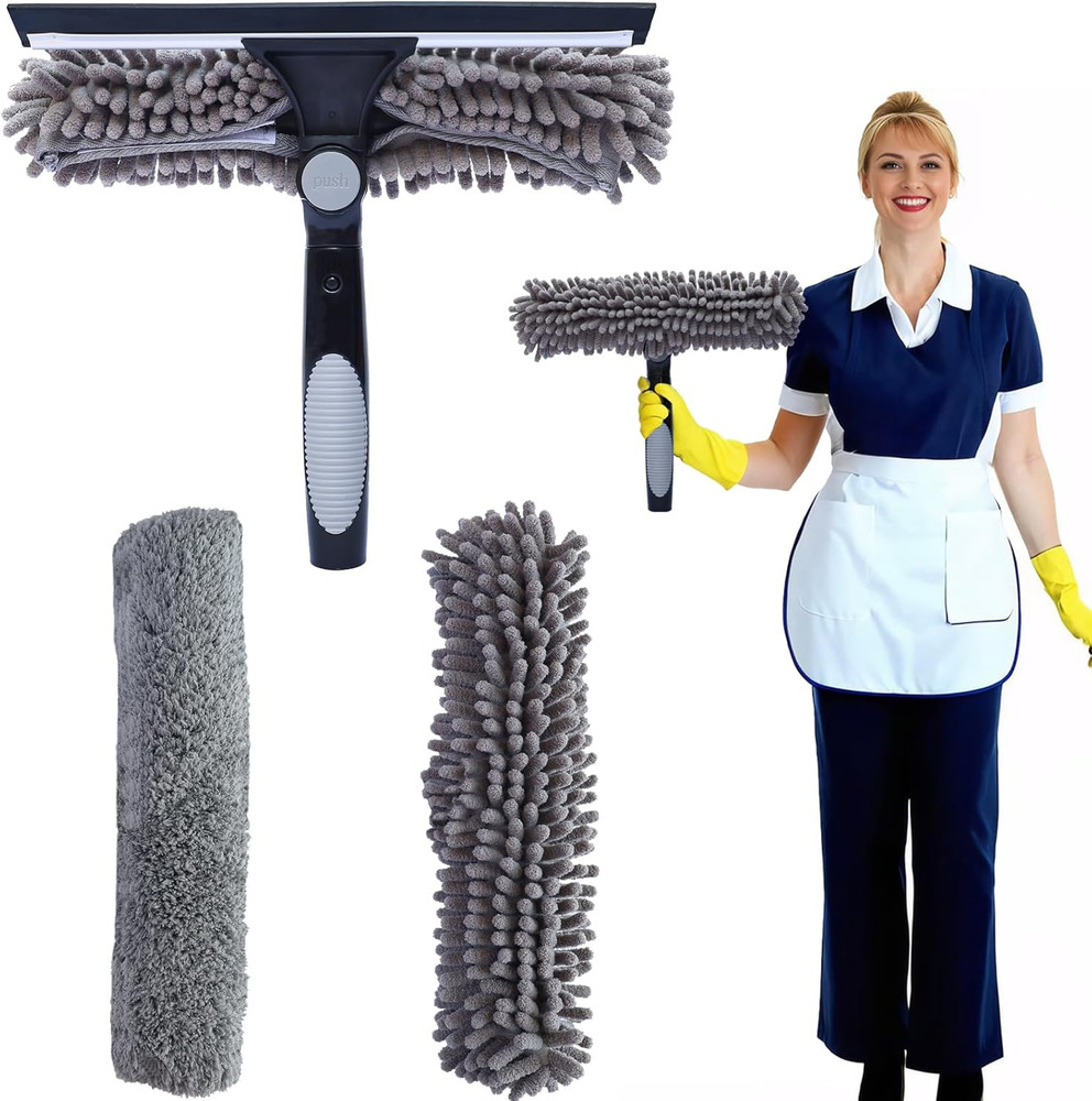 2 in 1 Window Washing Squeegee & Duster Window Cleaning Tool with 2 Pad Compatib