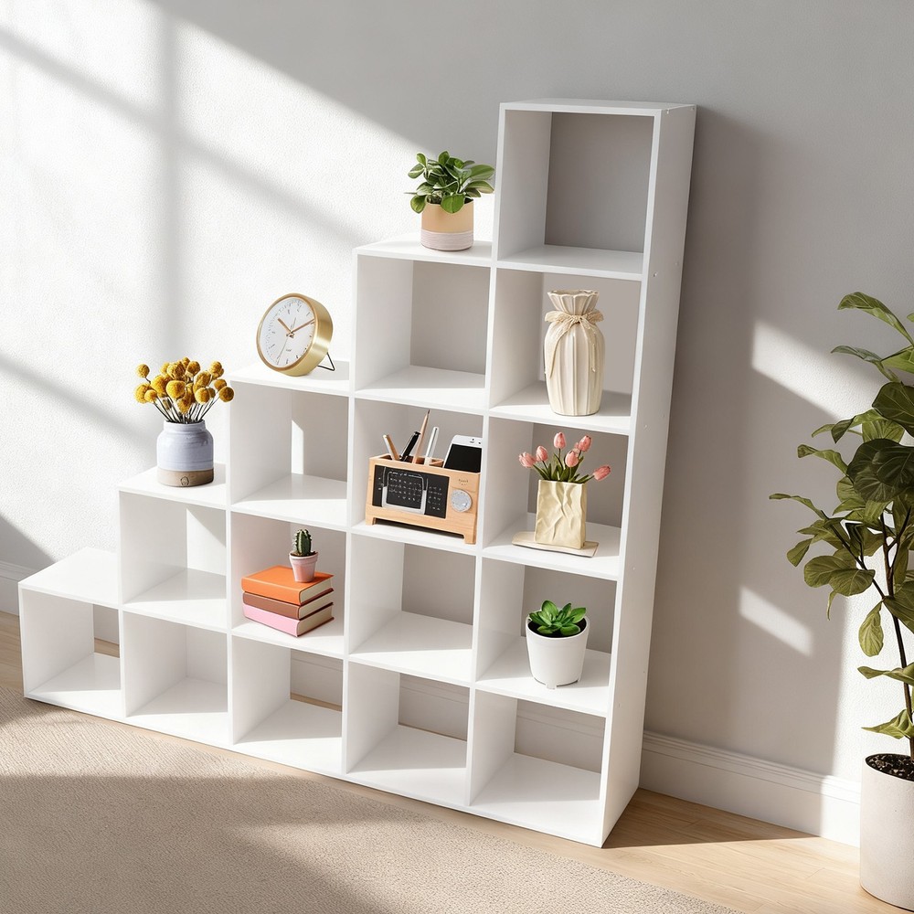 L-Shaped Corner Shelf White Ladder Cube Storage Bookcase 15-Cube Organizer