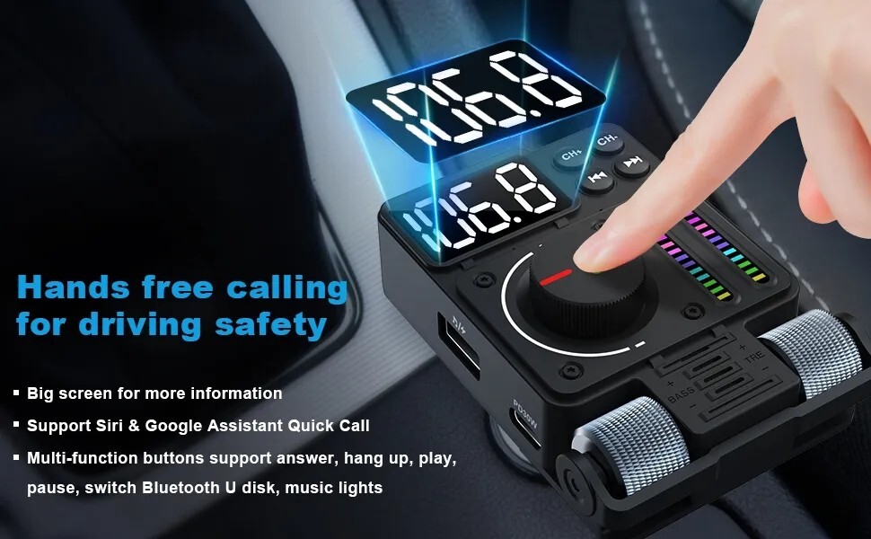 Wireless Bluetooth 5.3 FM Transmitter Radio Adapter USB Ports Car Fast Charger