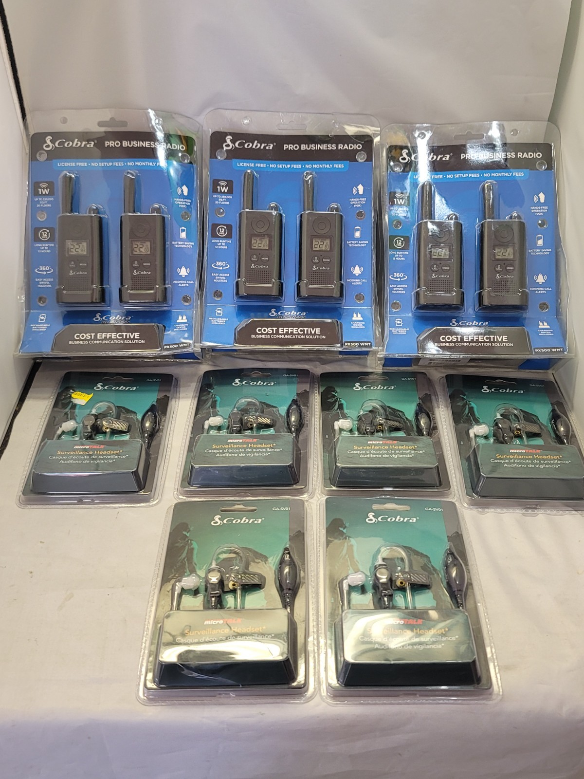 6 NEW Cobra PX500 Walkie Talkies Business Radios up to 12 hr run-time, 6 earbuds