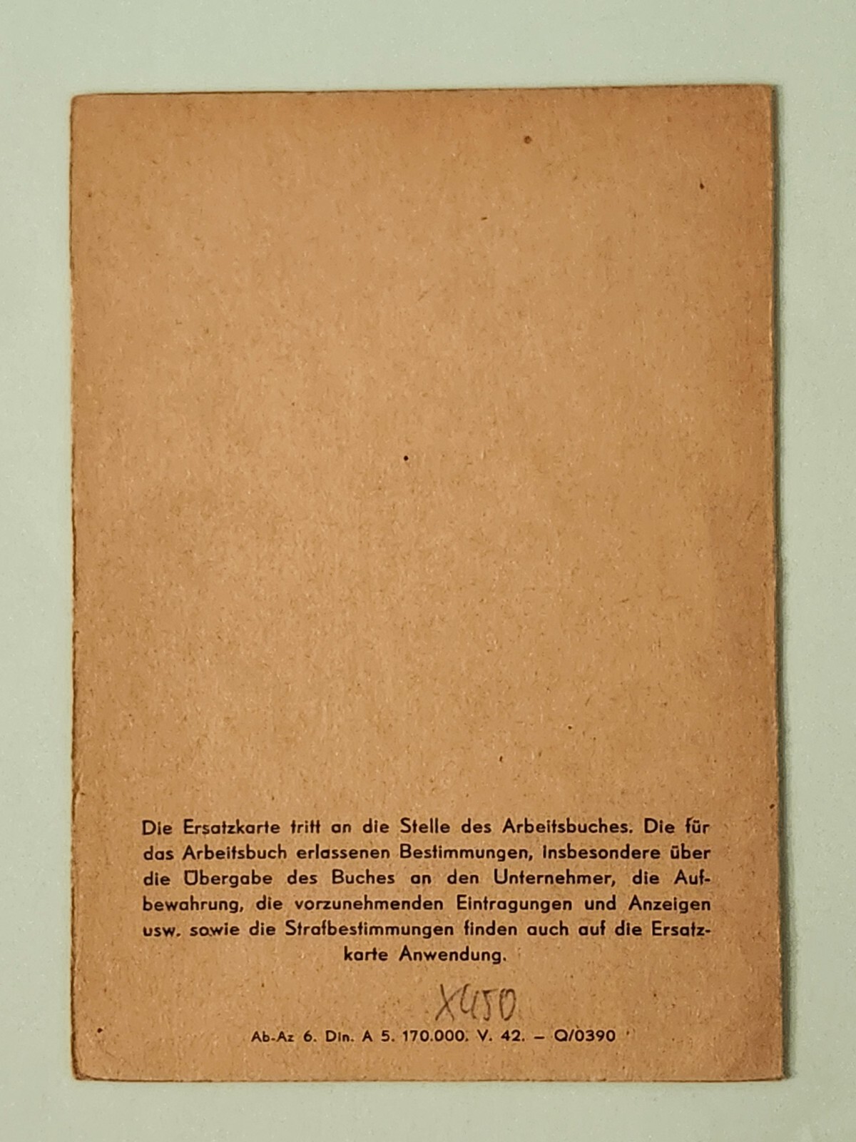 WW2 Germany. Replacement card for workbook, 1941-45..