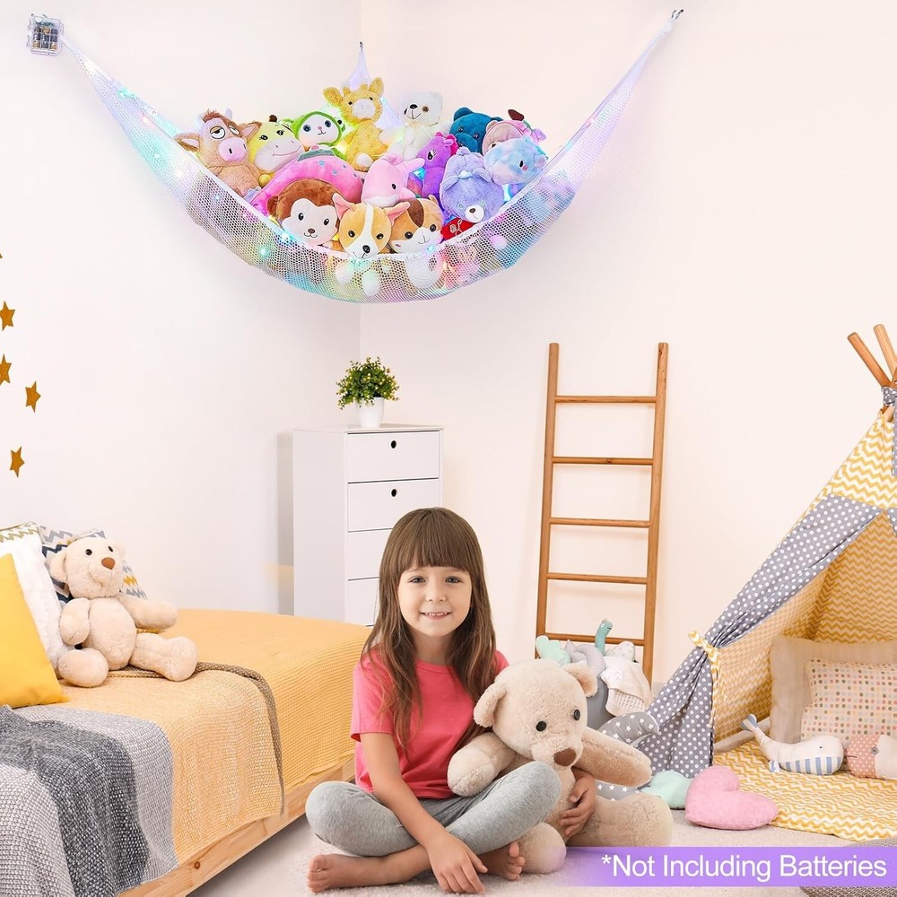 Triangular LED Toy Storage Hammock for Stuffed Animals - Space-Saving Corner Net