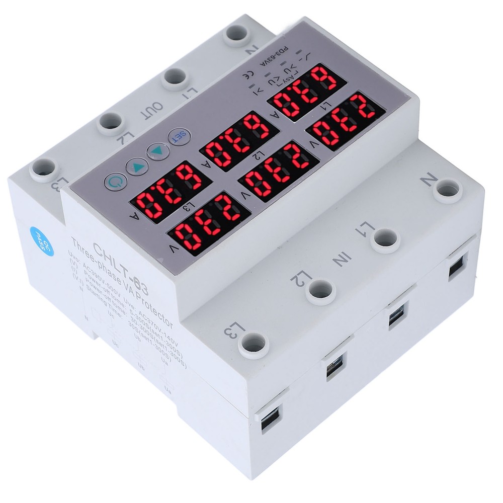 3 Phase DIN Rail Voltmeter Ammeter Auto Overvoltage Overcurrent Protector AC 63A