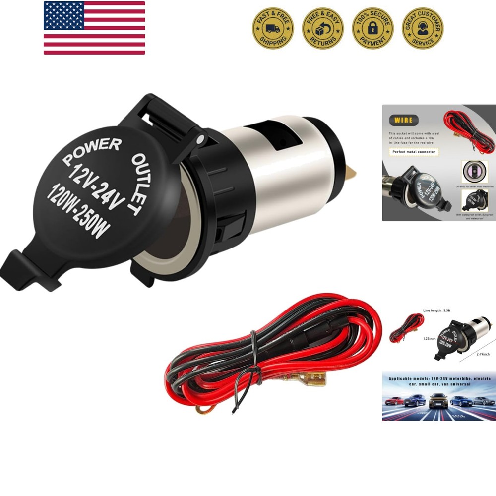 1PCS , 12V Waterproof Auto Cigarette Lighter Adapter with Extension Cable, Ve...