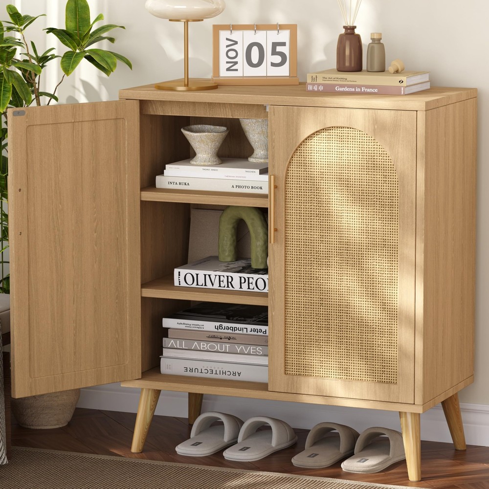 Rattan Buffet Cabinet with Storage, Boho Buffet Table with Adjustable Shelf a...