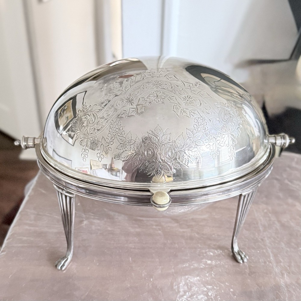 Antique Mappin & Webb Silver Plate Roll Top Engraved Rose Pattern Serving Warmer