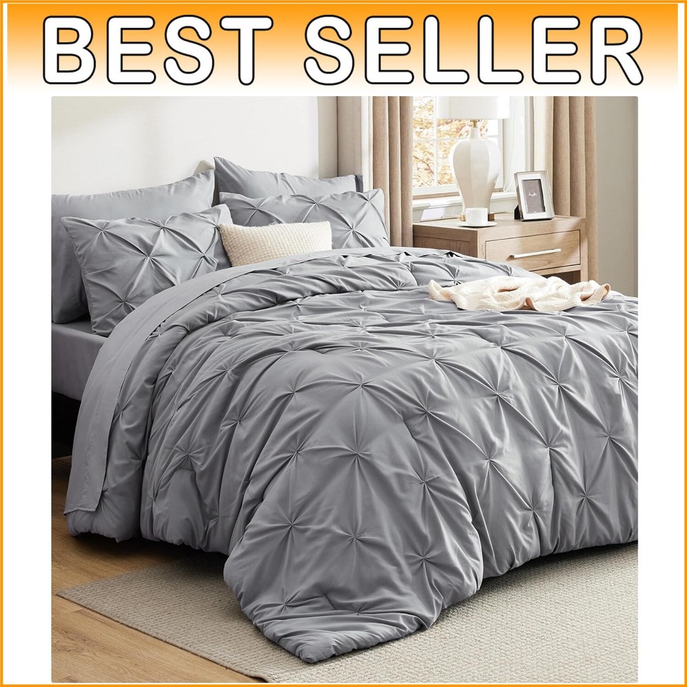 Elegant King Size Comforter Set - 7 Piece Pintuck Grey Bedding Essentials=