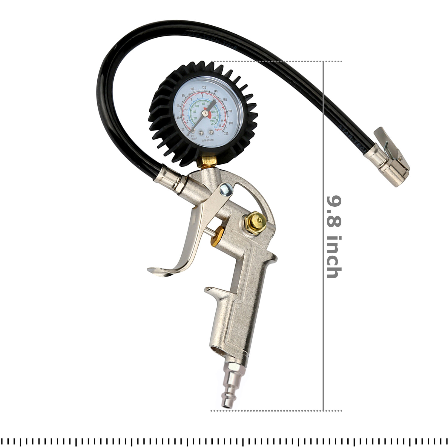 Dial Tire Inflator Gauge Flexible Hose 220 PSI Pistol Style Air Chuck Pneumatic